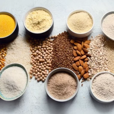 Different gluten-free flours, nuts, and grains arranged on a board.
