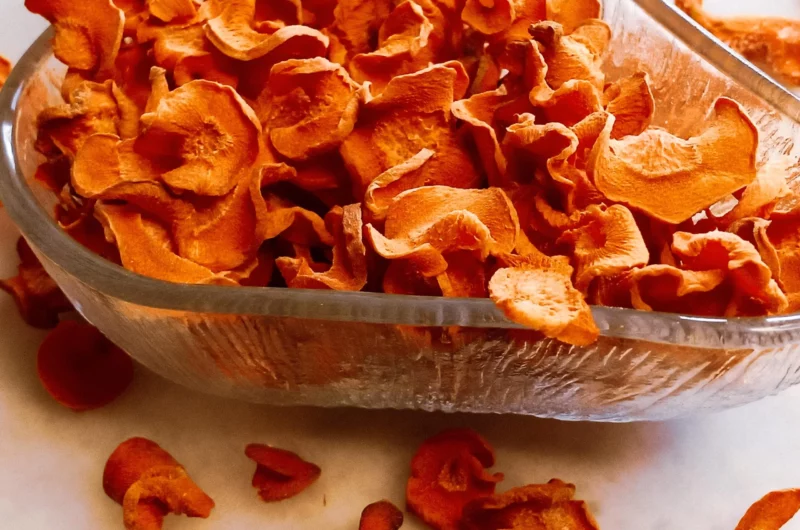 Dehydrated carrot chips in a bowl.