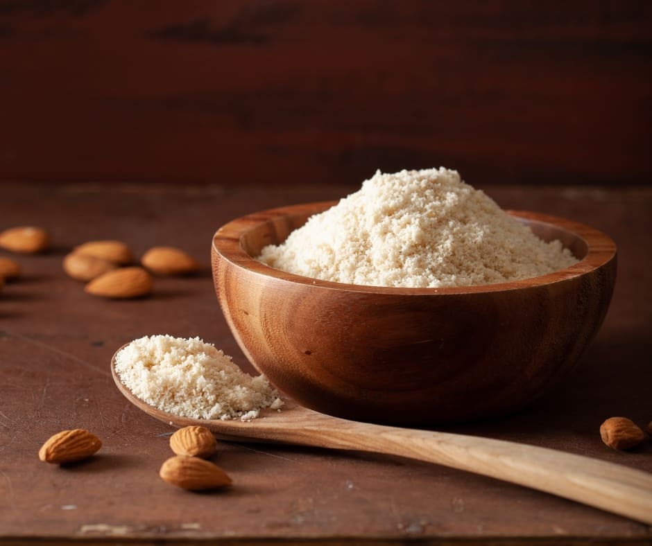Almond flour in a wooden bowl.