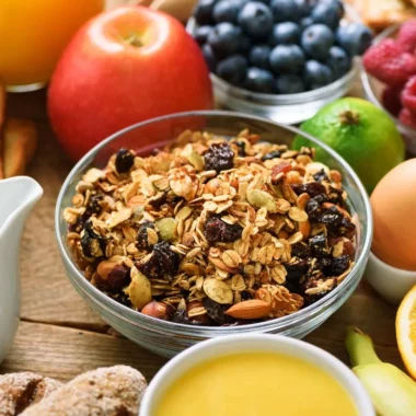 Granola cereal with nuts and seeds on a breakfast table with bread and fresh fruit