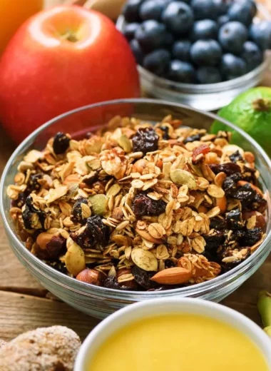 Granola cereal with nuts and seeds on a breakfast table with bread and fresh fruit