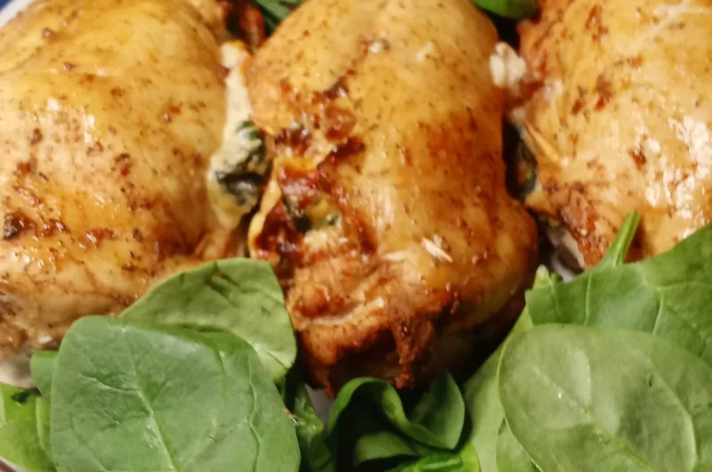 Air Fryer Chicken Breast With Fresh Spinach Leaves