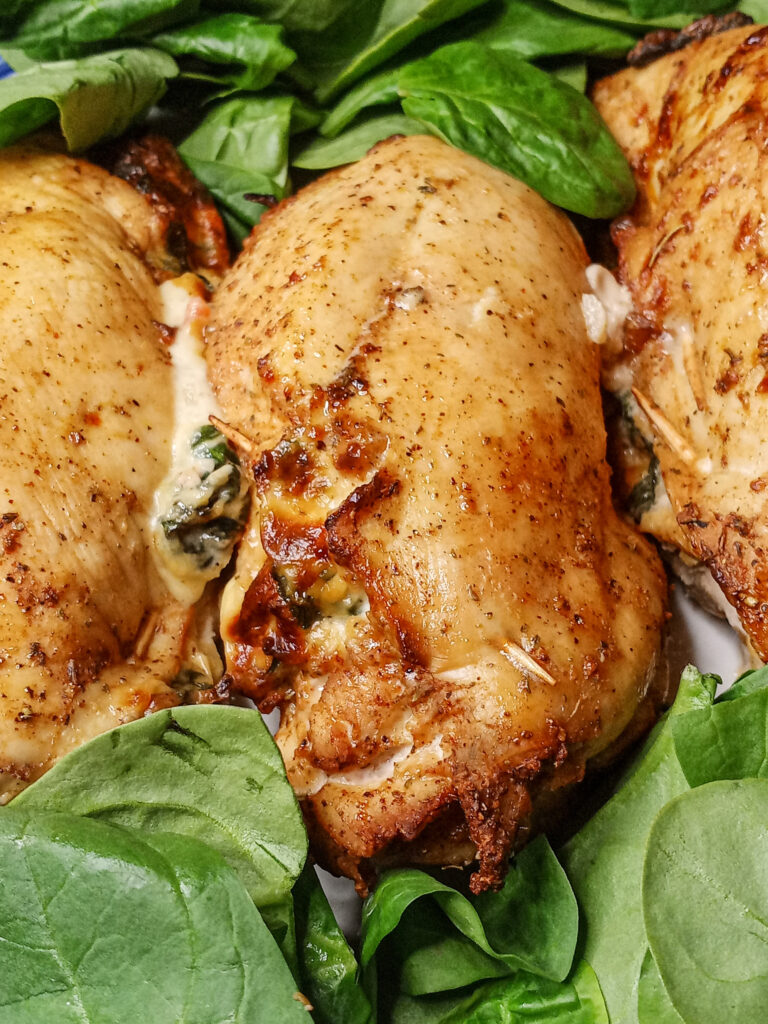 Air Fryer Stuffed Chicken Breast With Fresh Spinach Leaves