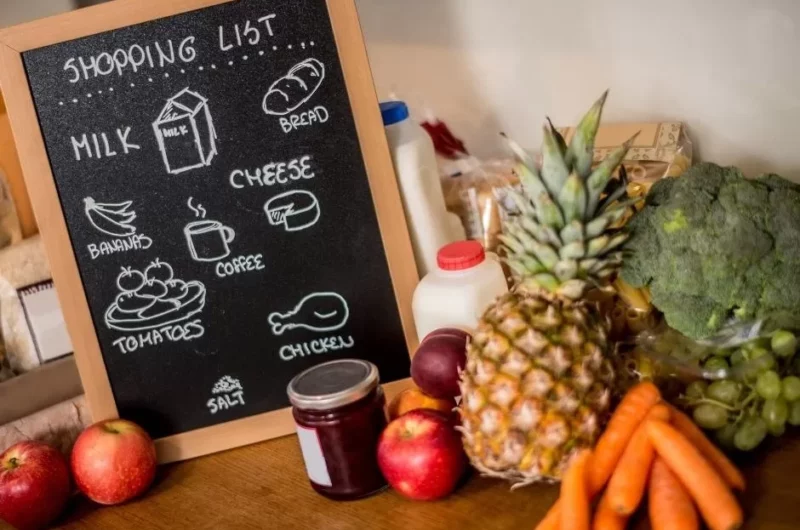 Grocery list on a blackboard and fresh produce