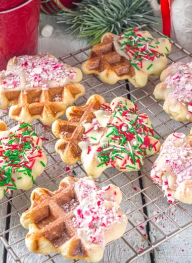 Christmas waffles on a cooling rack.