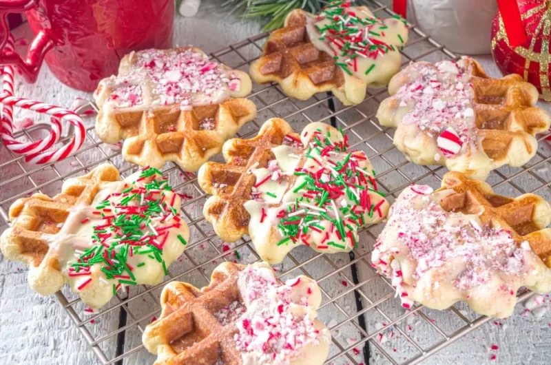 Christmas waffles on a cooling rack.