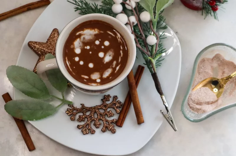 Gingerbread hot chocolate in a mug.