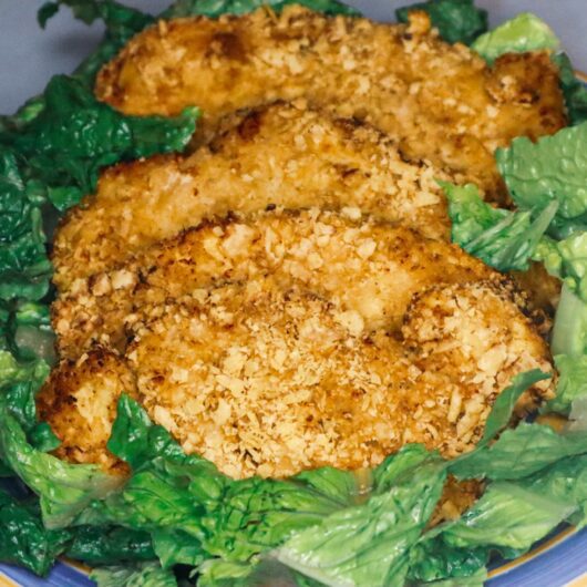 Air fryer sour cream and onion chicken on a plate garnished with Romaine lettuce.