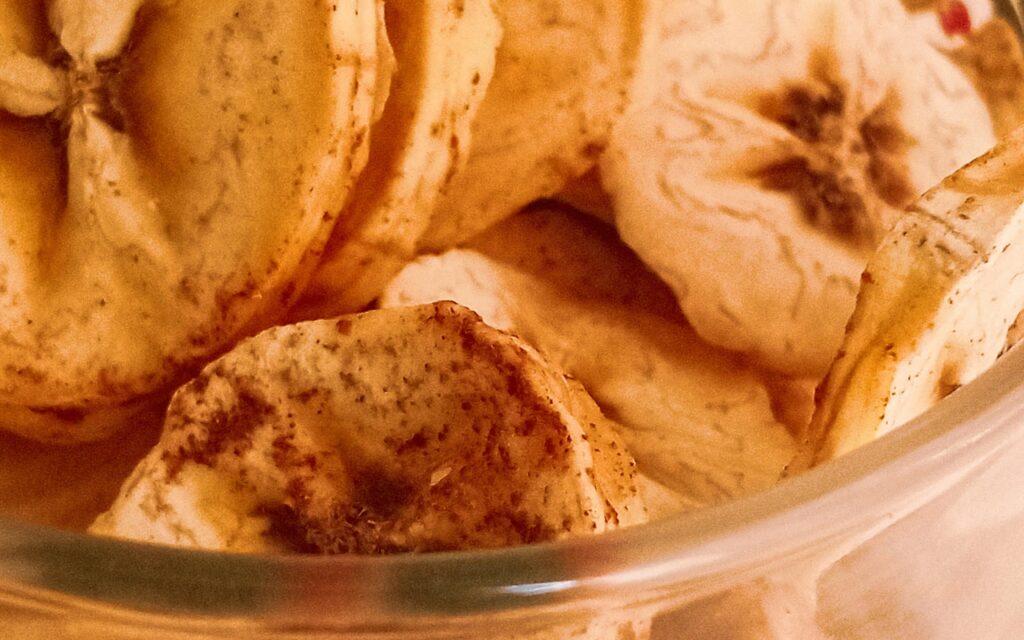 Dehydrated plantain chips in a bowl.