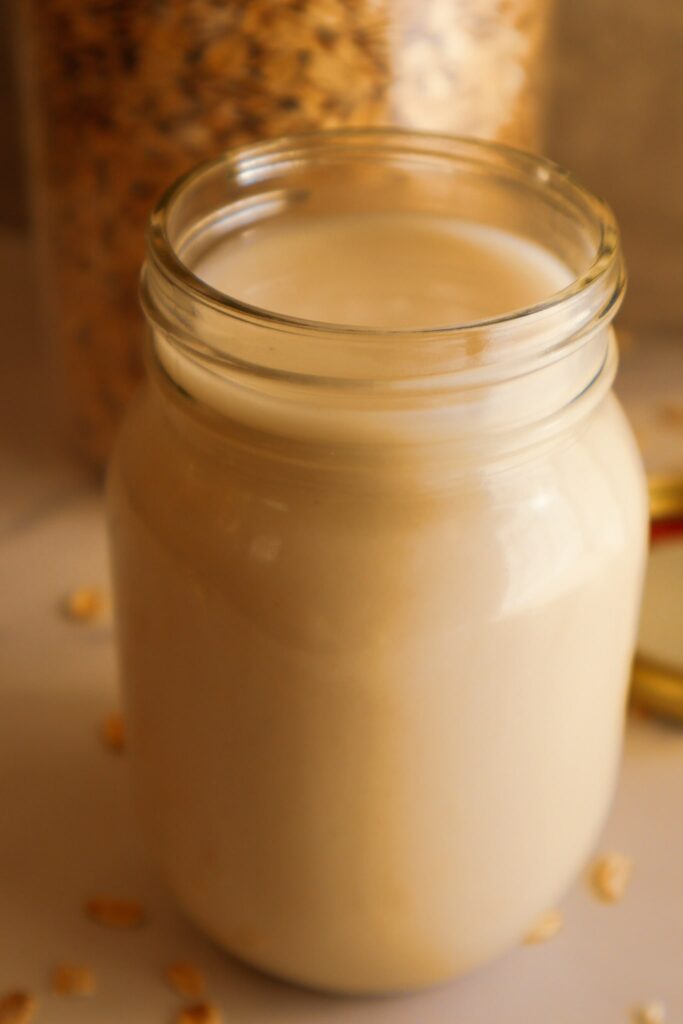Oat milk in Mason jars.