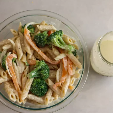 Gluten-free creamy pasta salad in a bowl.
