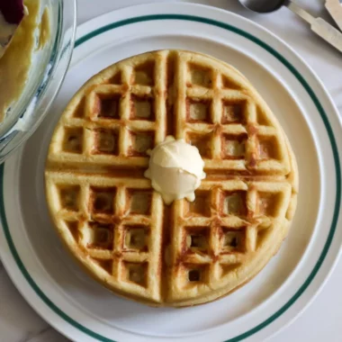 Gluten-free waffles on a plate topped with butter.