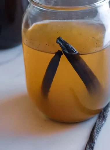 Sugar-free vanilla syrup in a Mason jar.