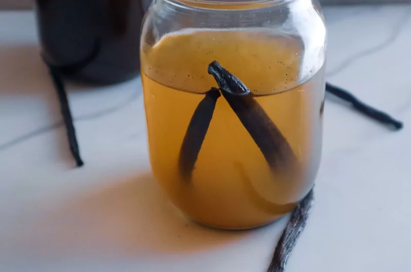 Sugar-free vanilla syrup in a Mason jar.