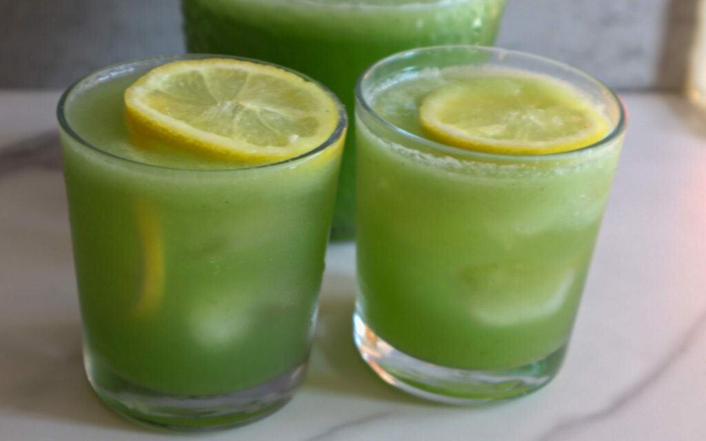 Refreshing coconut cucumber water in 2 glasses garnished with lime.