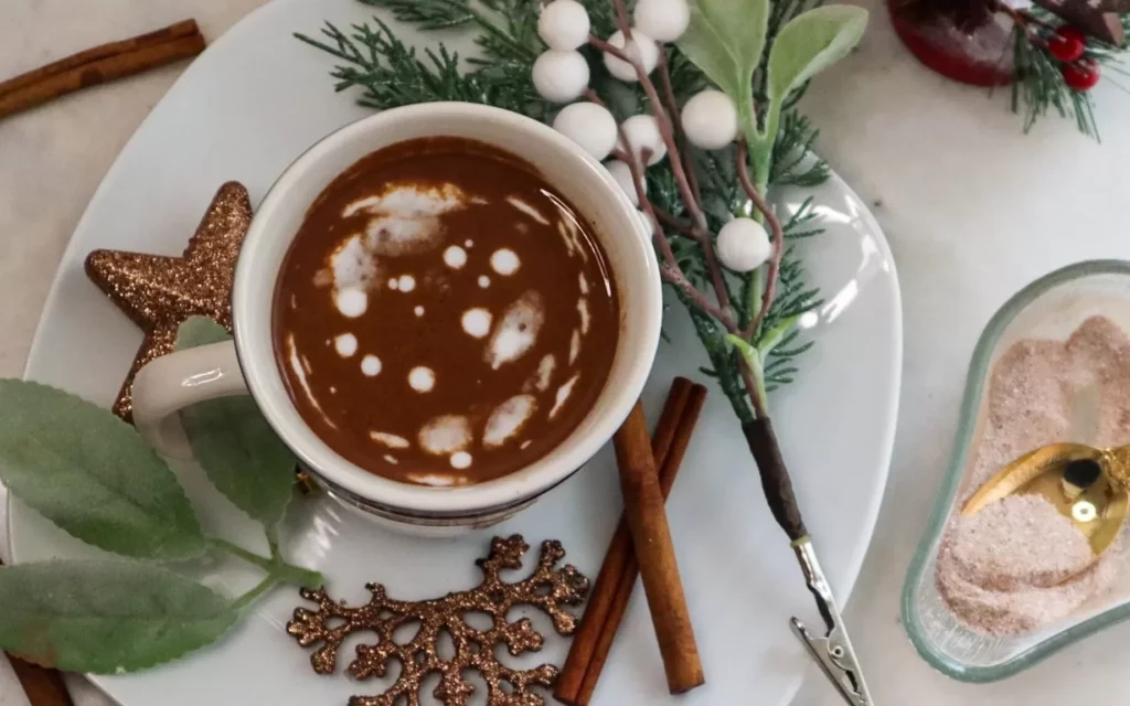 Gingerbread hot chocolate in a mug.