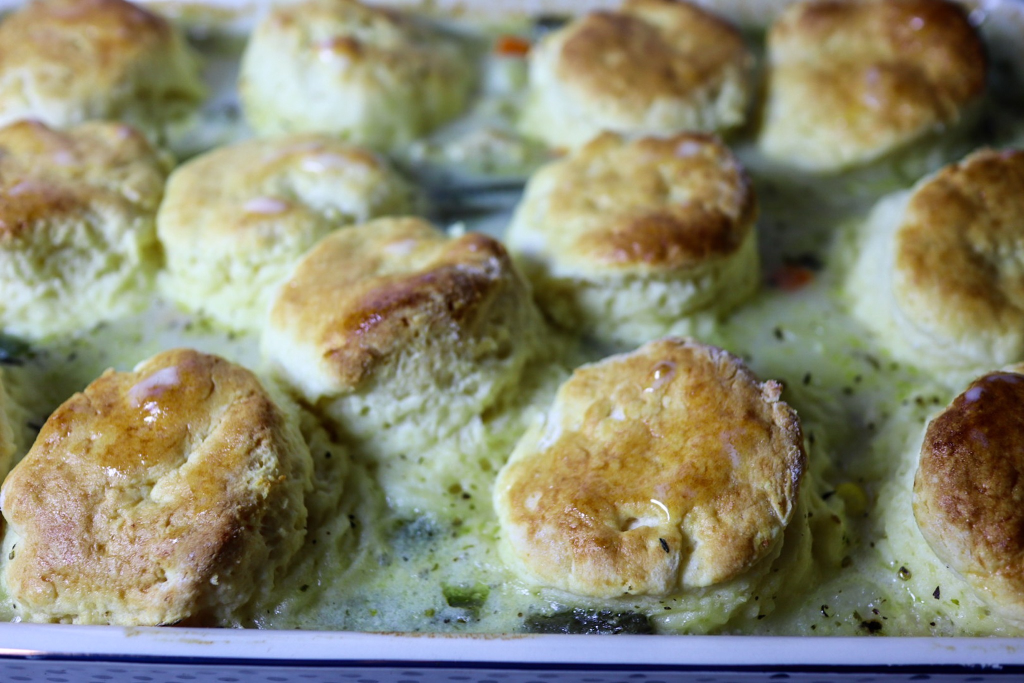 Gluten-free chicken pot pie with biscuits.