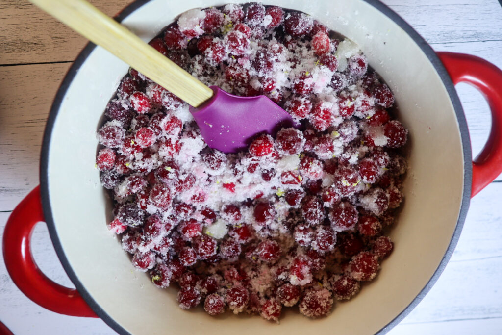 Mixing the cranberry jam ingredients. 