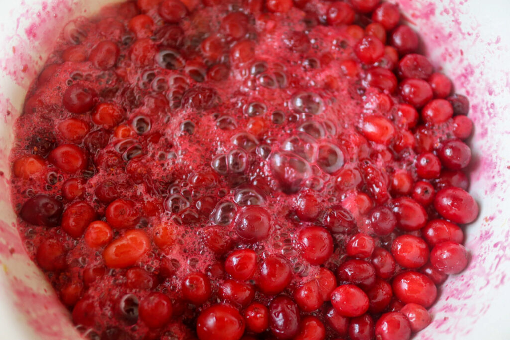 Bringing the cranberry jam ingredients to a boil.