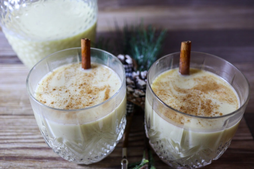 Coconut milk eggnog in glasses.
