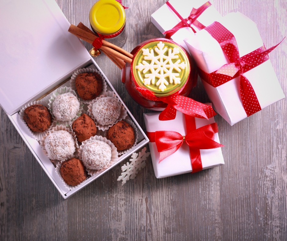 Edible gifts featuring chocolate truffles.