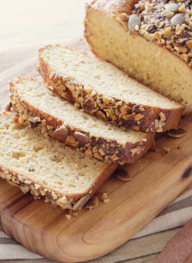 Almond flour bread on a cutting board.