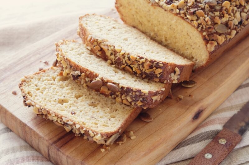 Almond flour bread on a cutting board.