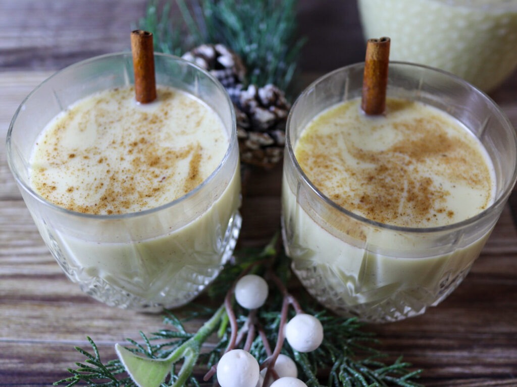 Coconut milk eggnog in glasses.