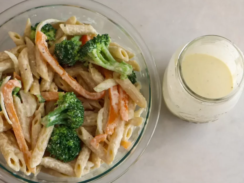 Gluten-free creamy pasta salad in a bowl.