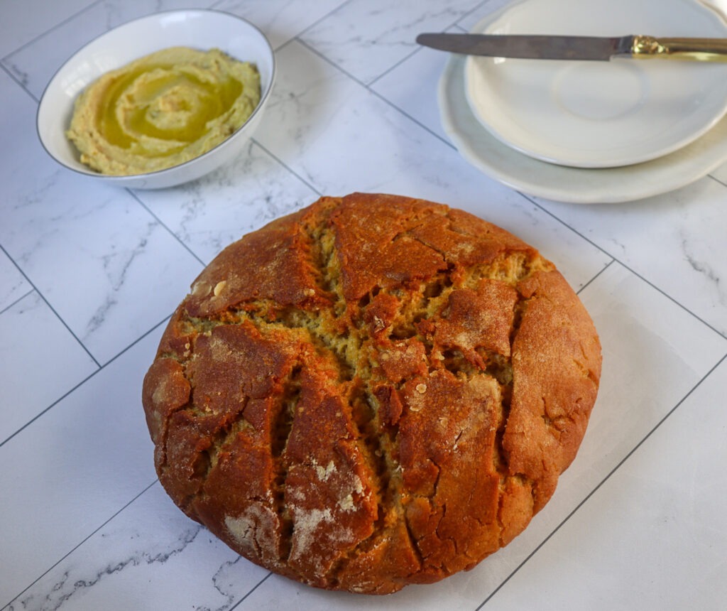 Gluten-free hummus bread with homemade hummus.